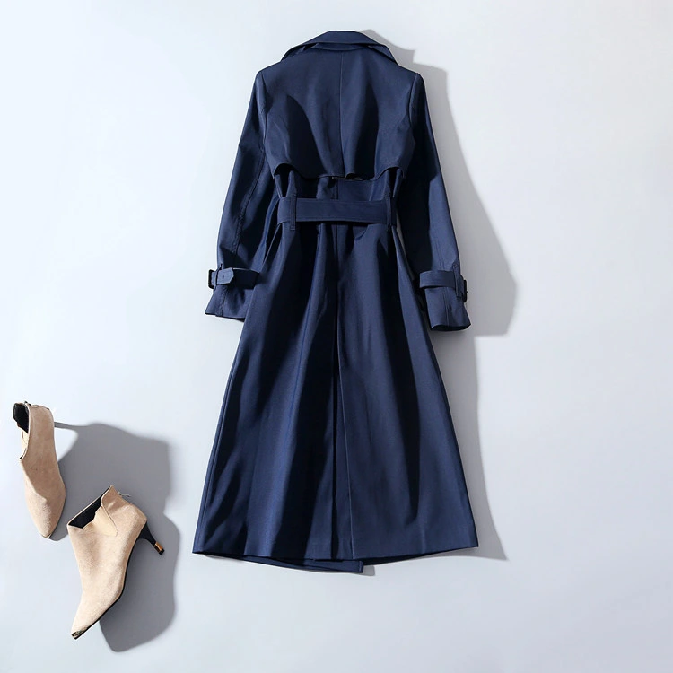 Wholesales Solid Color Breasted and Long Slim Womens Trench Coat Womens 2022 Spring Boutique Womens Belted Cotton Coat Outer Wear