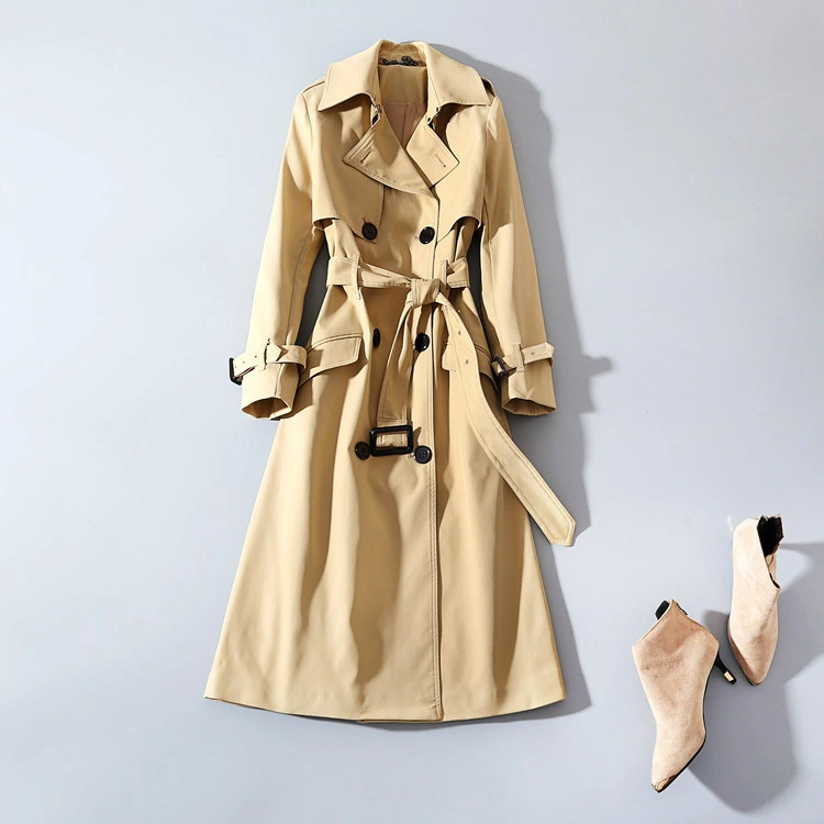 Wholesales Solid Color Breasted and Long Slim Womens Trench Coat Womens 2022 Spring Boutique Womens Belted Cotton Coat Outer Wear