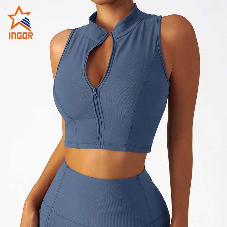 Ingor Sportswear European and American Zipper Ribbed Yoga Vest Outer Wear Running Gym Fitness Bra Shockproof High Impact Sports Wear